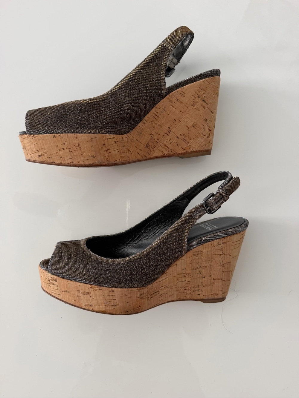Stuart Weitzman Cork Wedge Slingback Peep Toe Shoes Bronze Metallic Size 7.5M